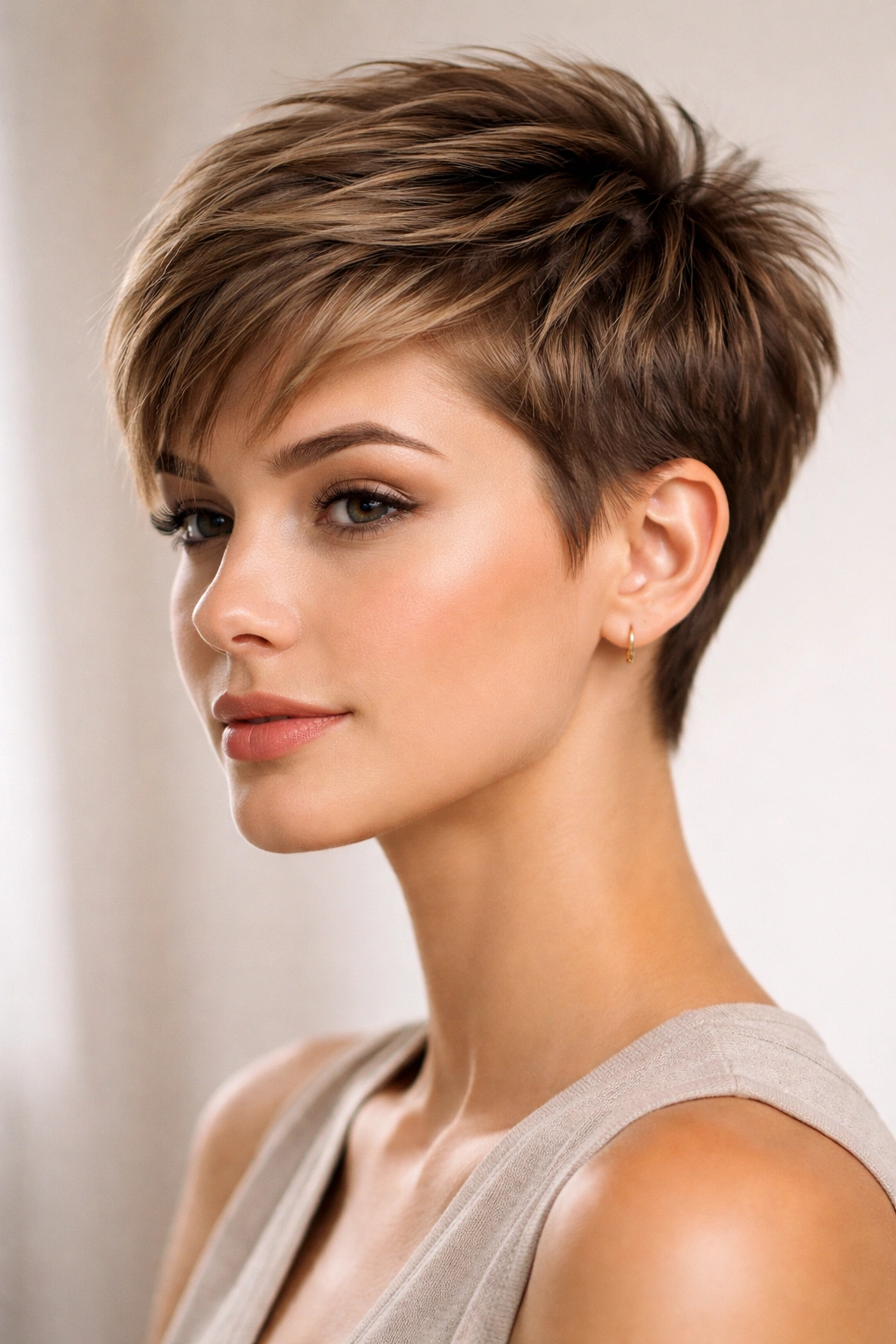 Close-up of a classic pixie with textured crown layers, photorealistic.
