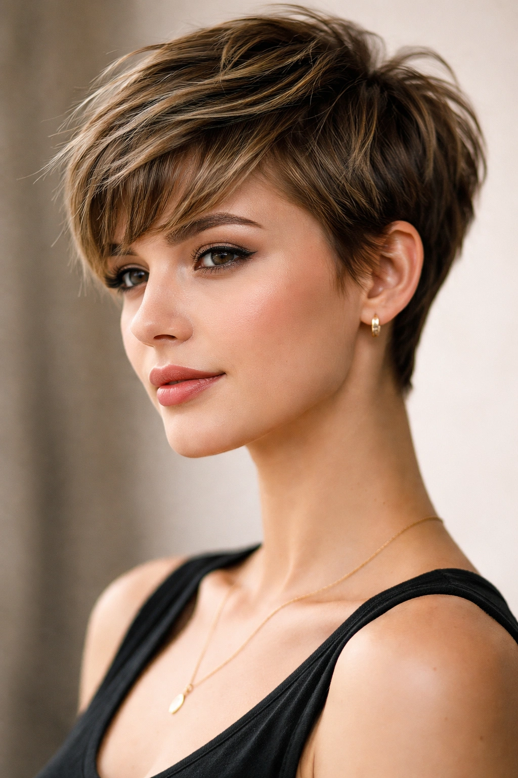 15 Pixie Cuts That Suit Every Face Shape 1 Close-up portrait of a model with a classic pixie featuring textured layers and a longer crown