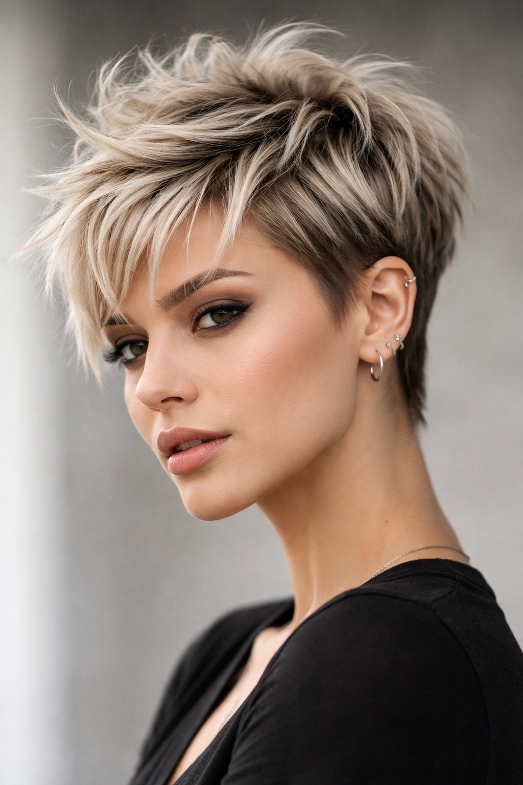 Disconnected pixie with textured layers hairstyle showing separated crown and sides