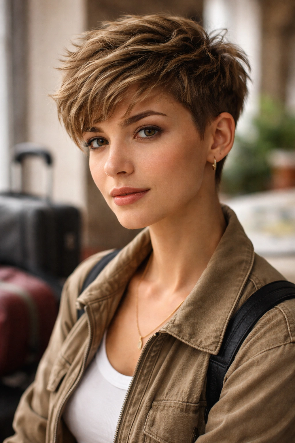 Person with a textured pixie haircut featuring a longer top in a travel setting