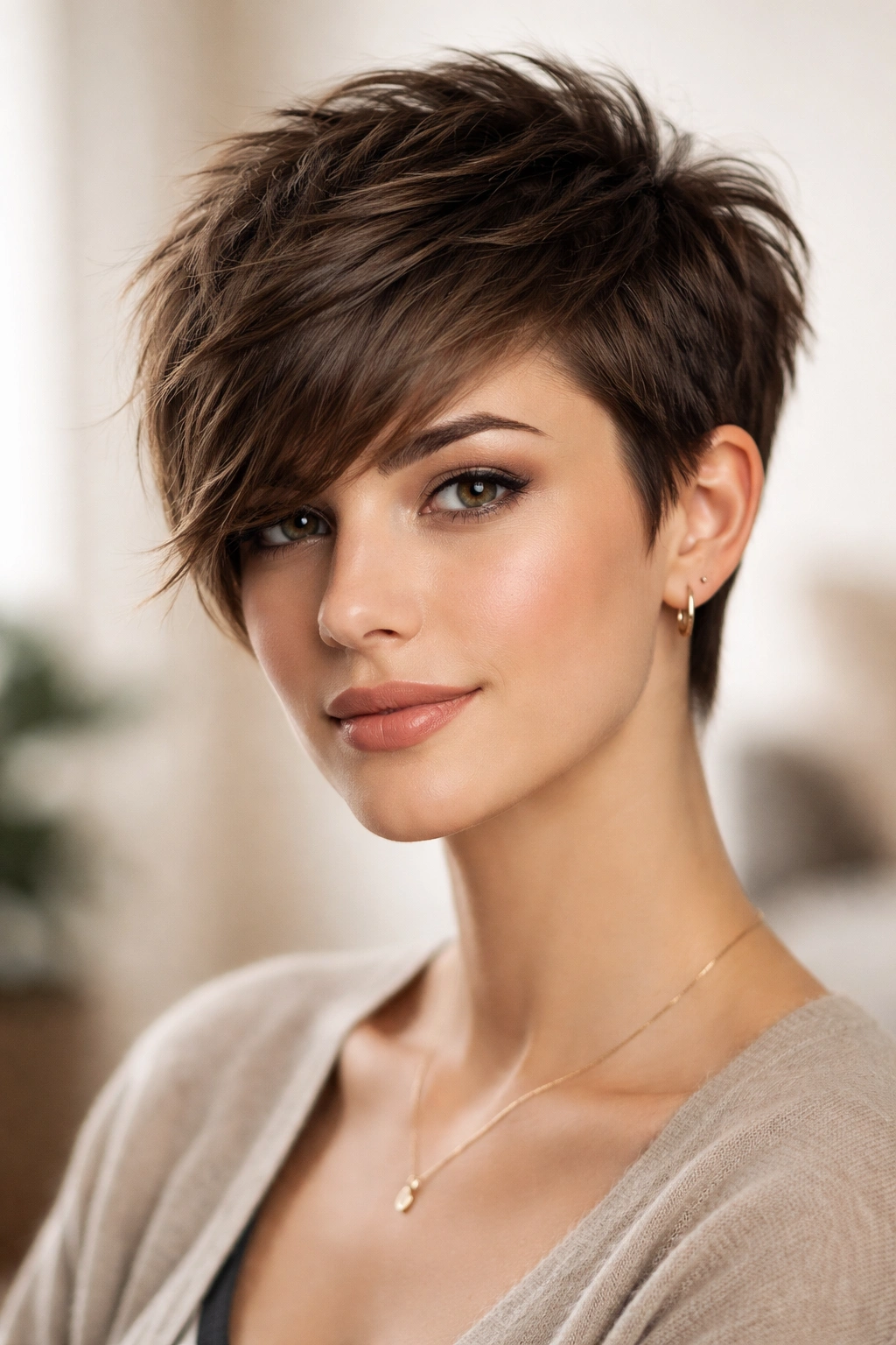 15 Hairstyles That Flatter An Oval Face Shape 3 Front view of a textured pixie with side-swept bangs showing volume and asymmetry