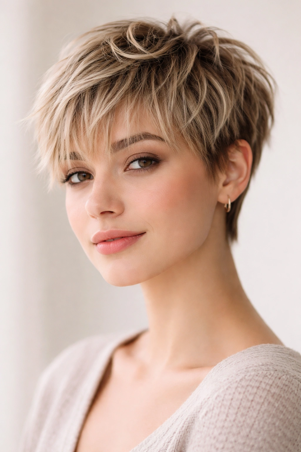 Portrait of a person with a textured pixie and wispy bangs, layered crown and movement.