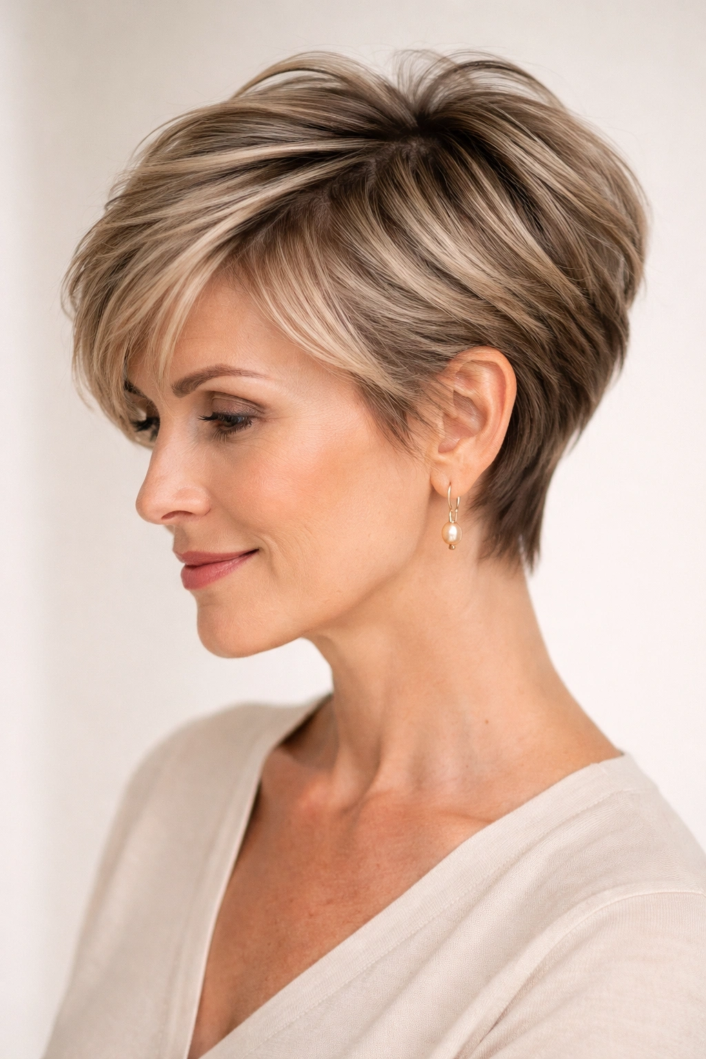 Soft pixie with long top layers framing the face