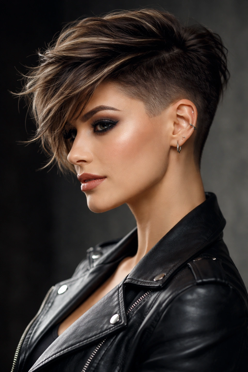 Undercut pixie with shaved sides and longer top crown in bold contrast