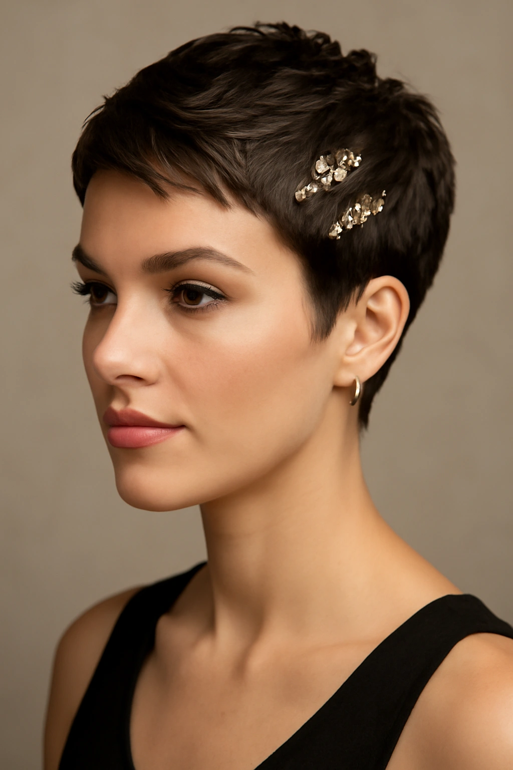 10 Birthday-Ready Hairstyles for Women With Short Hair 1 Close-up portrait of a textured pixie with metallic hair accents in studio lighting.