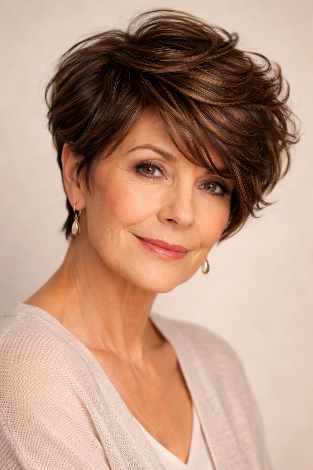 Close-up portrait of Side-Swept Wavy Pixie in deep chestnut with side-swept waves