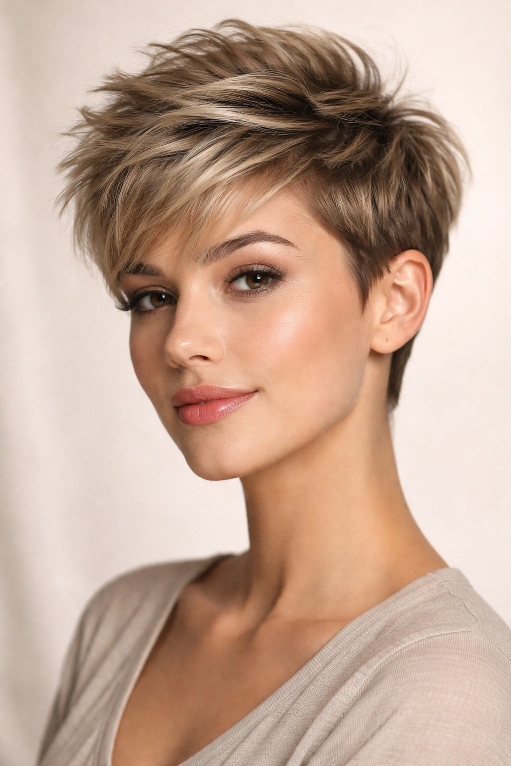 Close-up of textured pixie with crown-height lift in studio lighting