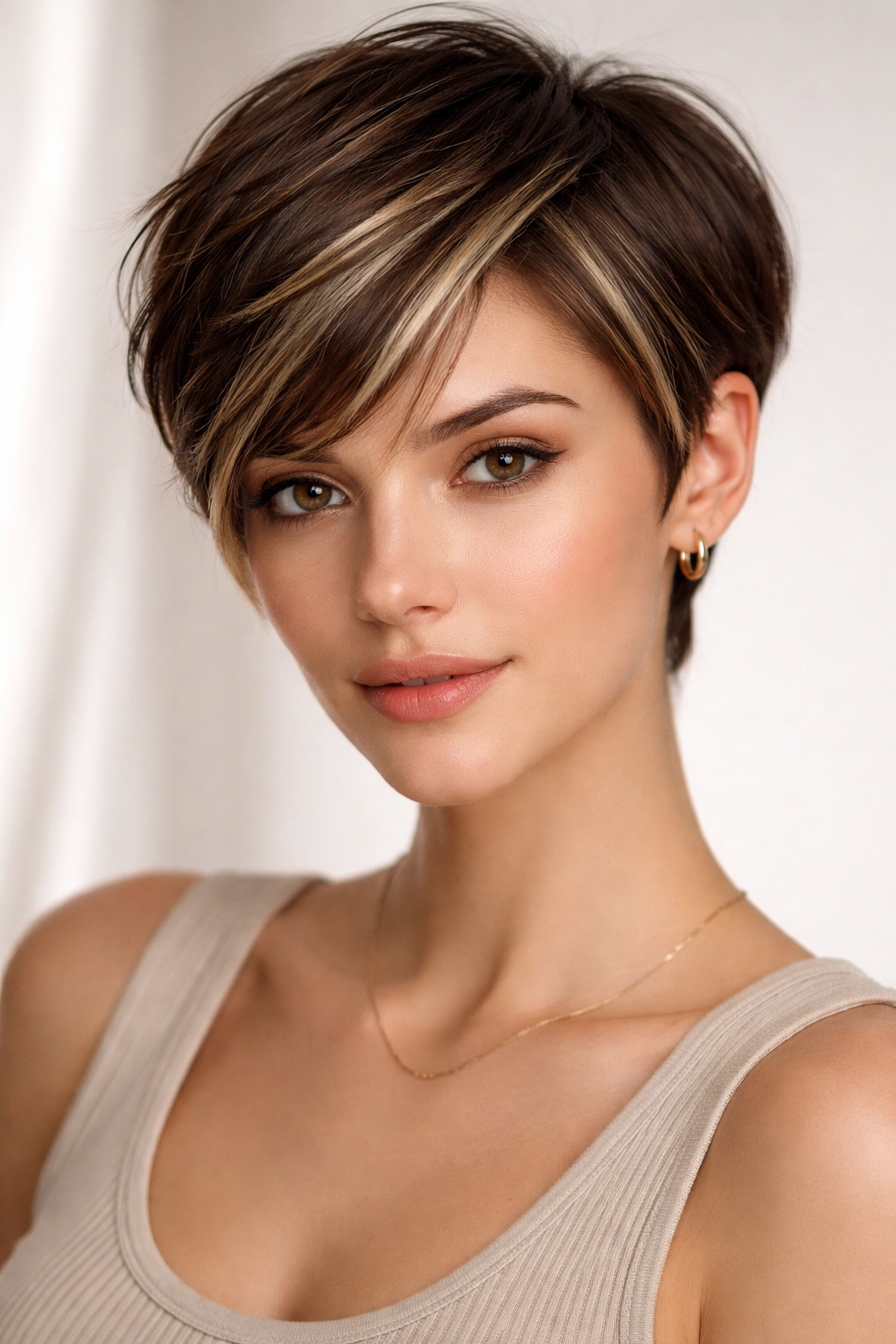 Pixie cut with face-framing highlights around temples and hairline