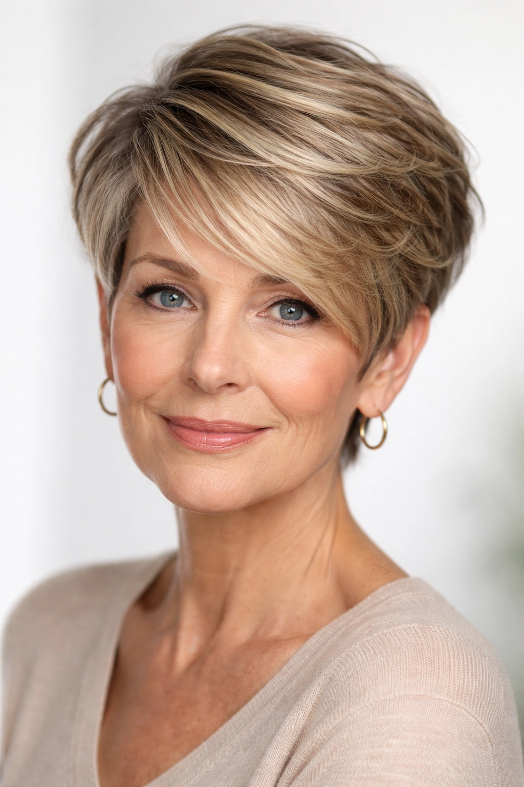 Side-swept pixie with highlights showing dramatic sweep and face-framing dimension