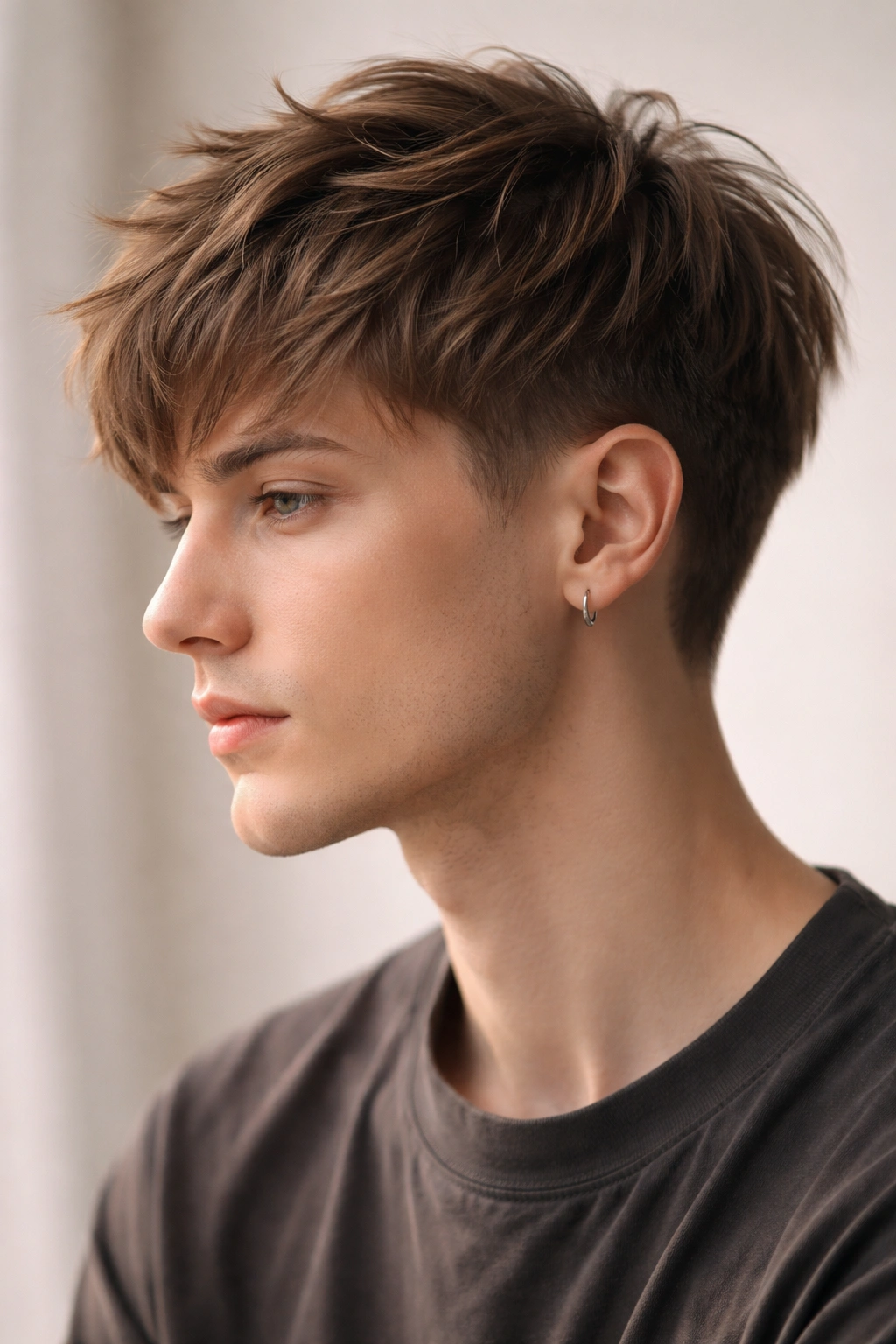 Man with a pixie-inspired short crop featuring textured top and tapered sides.
