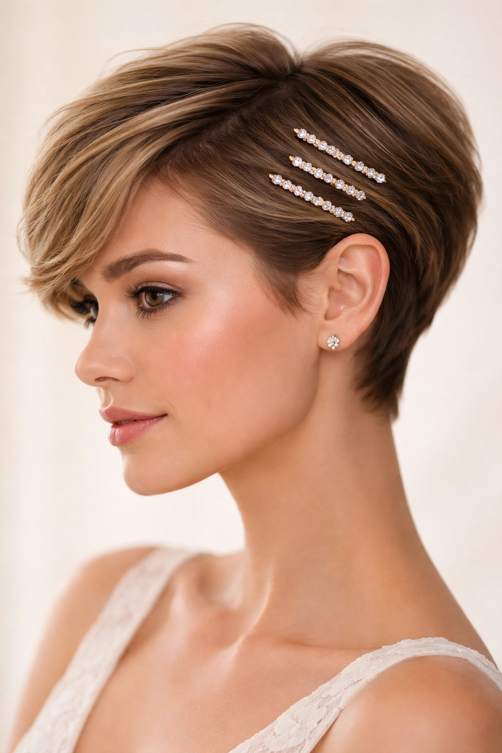 Pixie cut with jeweled bobby pins displaying sparkle