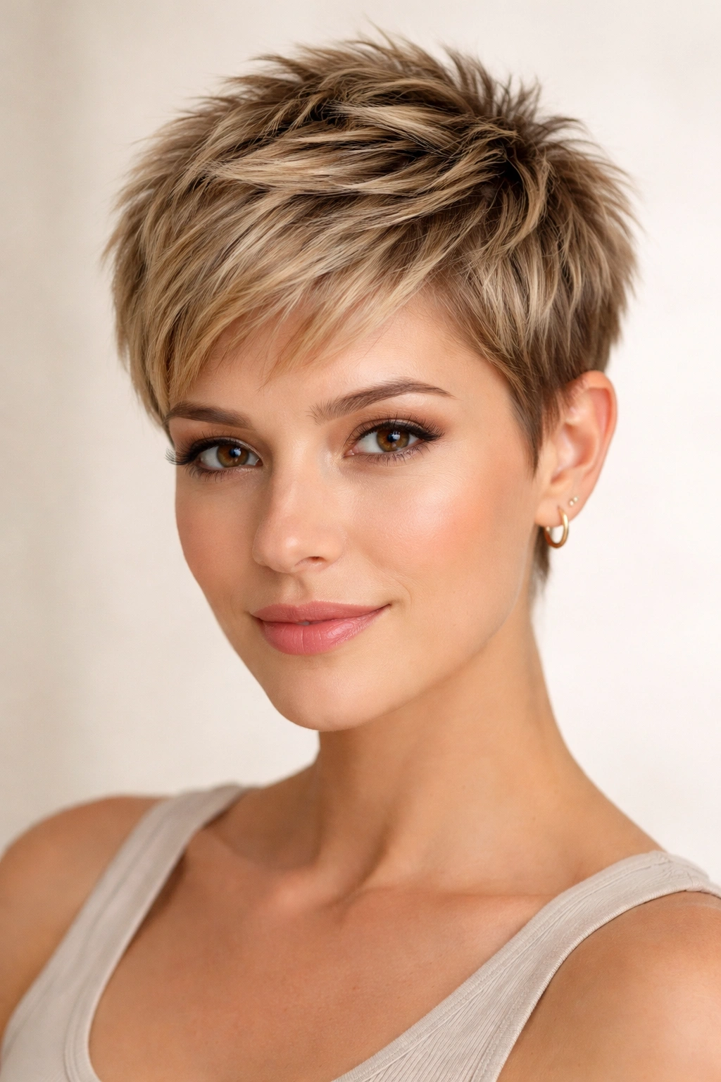 Close-up portrait of The Classic Pixie Layer hairstyle with textured crown layers.