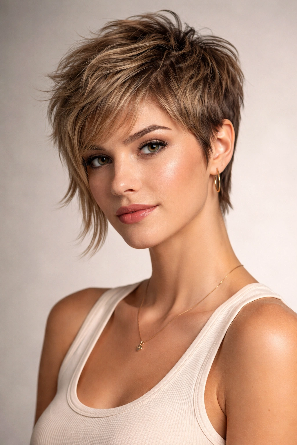Piece-y pixie-length top with longer sides showing texture and face framing.