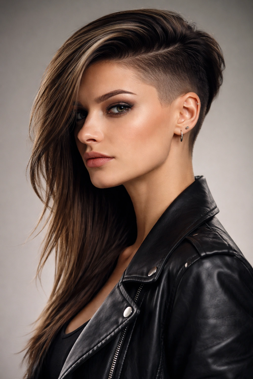 Portrait of a woman with pixie-to-length undercut showing extreme length contrast.