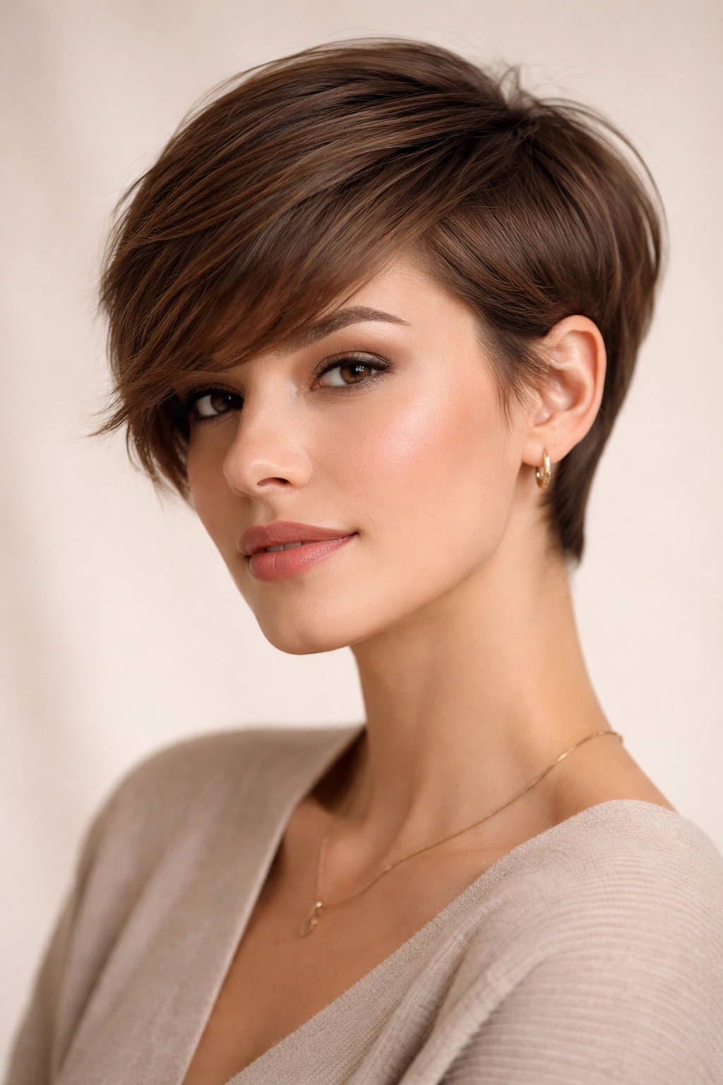 12 Long Pixie Hairstyles From Sleek To Textured 1 Close-up portrait of classic long pixie with side-swept bangs, featuring tapered back and top sweep.
