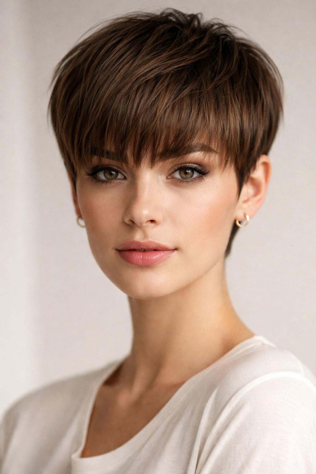 Pixie with Longer Bangs featuring emphasized long bangs across the forehead
