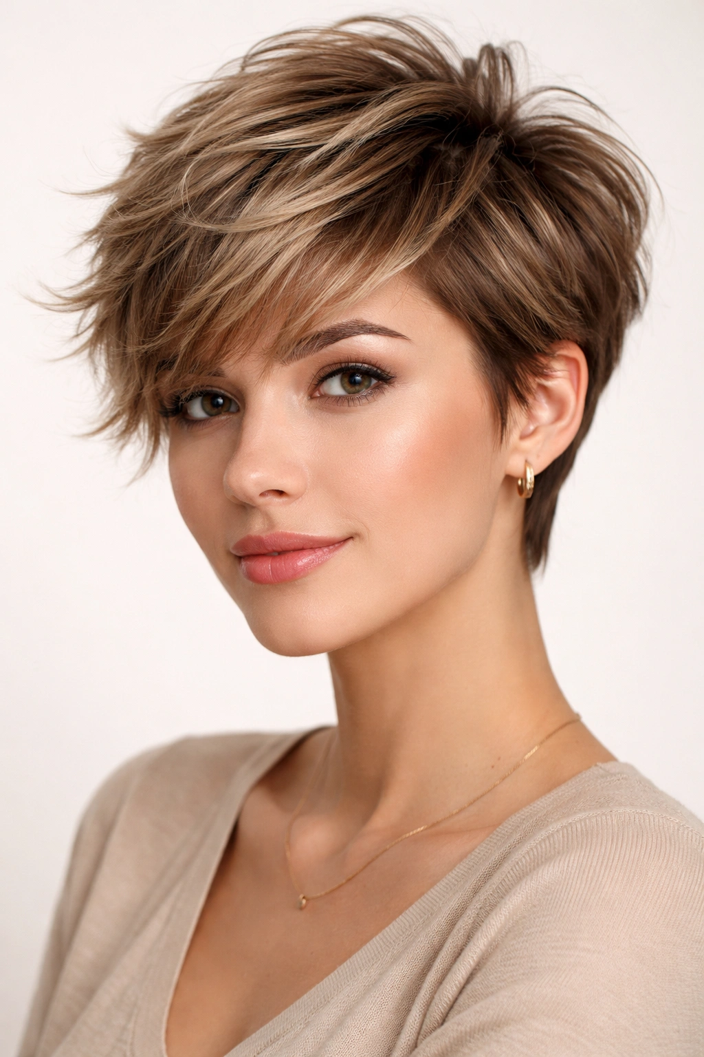 Tousled pixie with longer top layers hairstyle