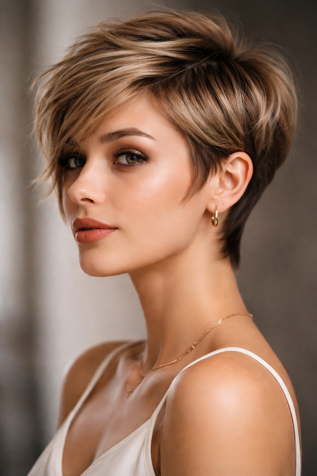 Pixie haircut with longer side pieces framing the jaw