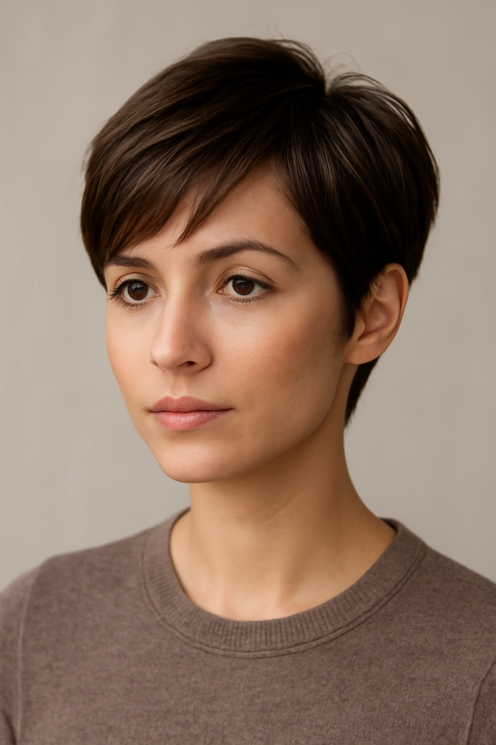 Portrait of a model with a pixie cut featuring longer front pieces