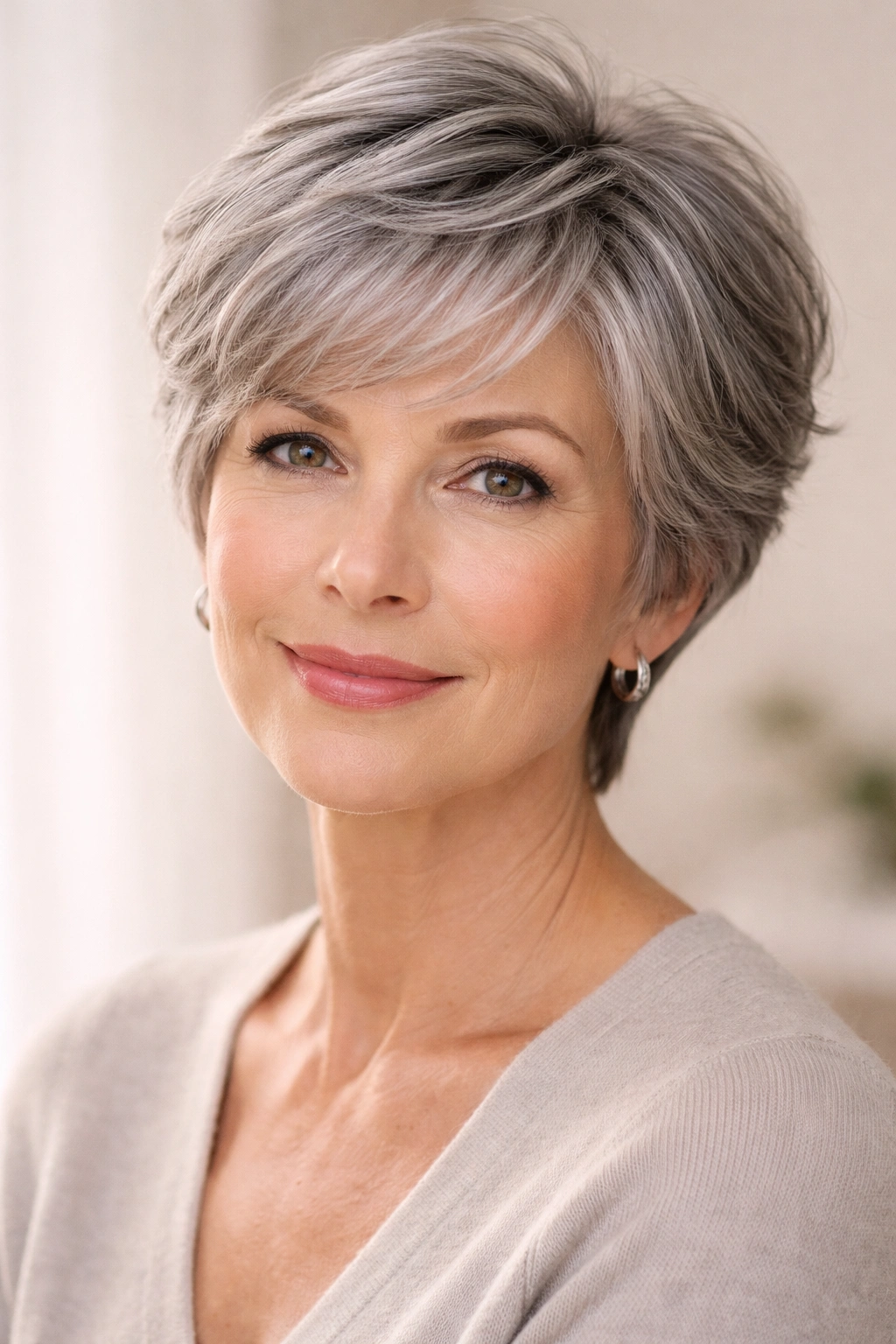Soft layered pixie hairstyle with gentle face framing for mature hair