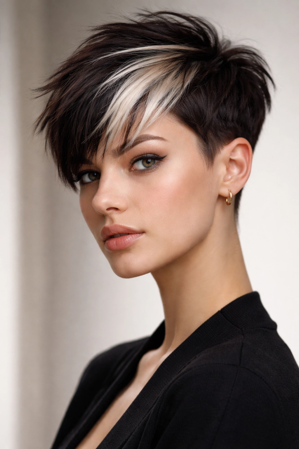 Disconnected pixie with a bright contrasting money piece highlight.