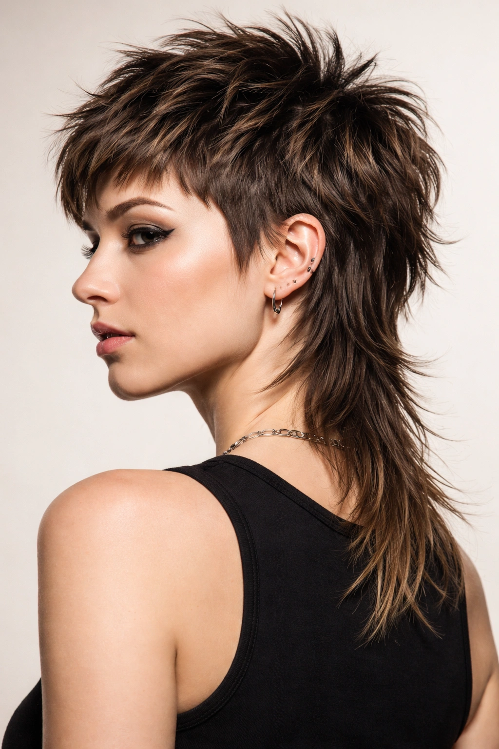 Choppy pixie mullet showing very short front and longer textured back.