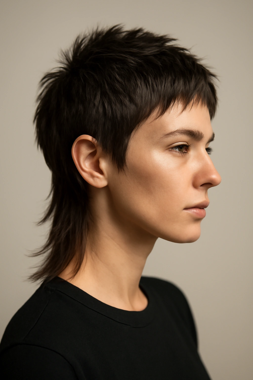 20 Pixie Cuts Sorted By Age And Face Shape 16 Portrait of a person with a pixie-mullet hybrid showing short top and a long back