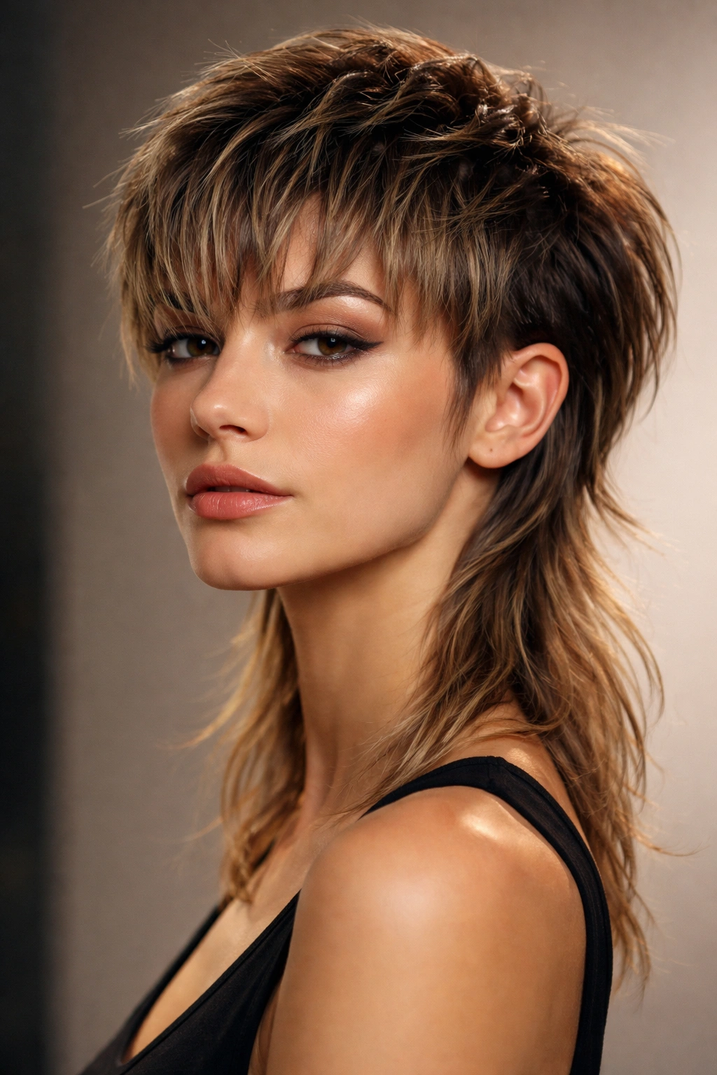 Pixie mullet with textured bangs portrait showing short front and longer back