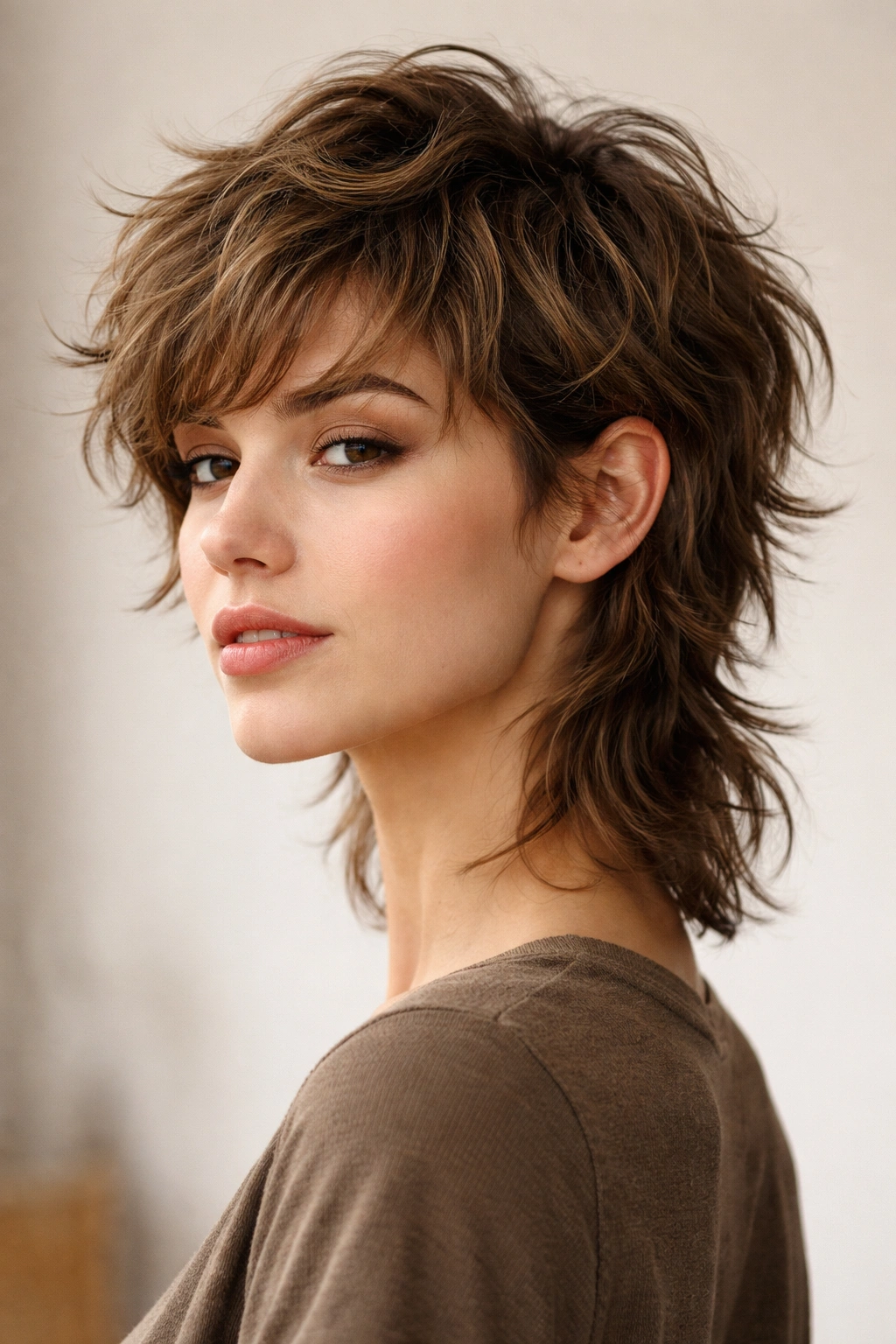 Tousled pixie-mullet with short textured crown and longer back.