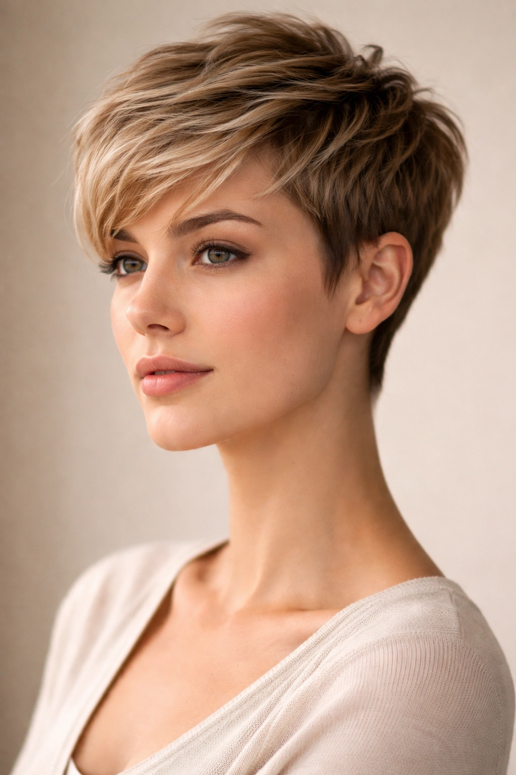 Close-up of a pixie with longer top for an oblong face.