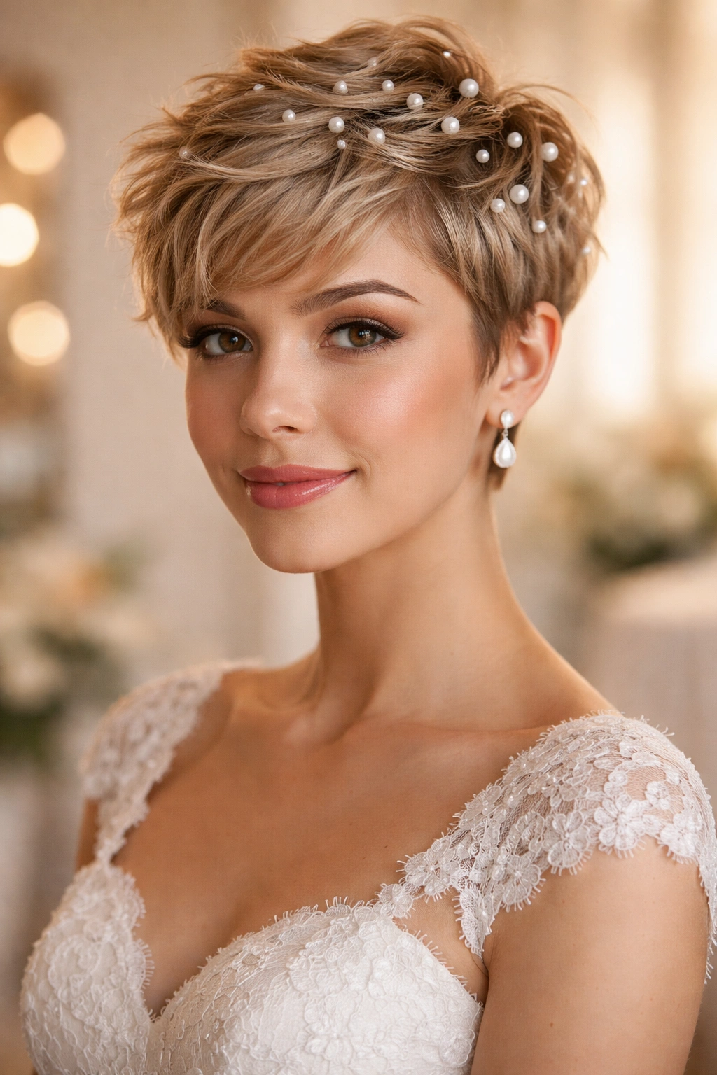 Close-up of a short textured pixie with pearl pins for a bridal look