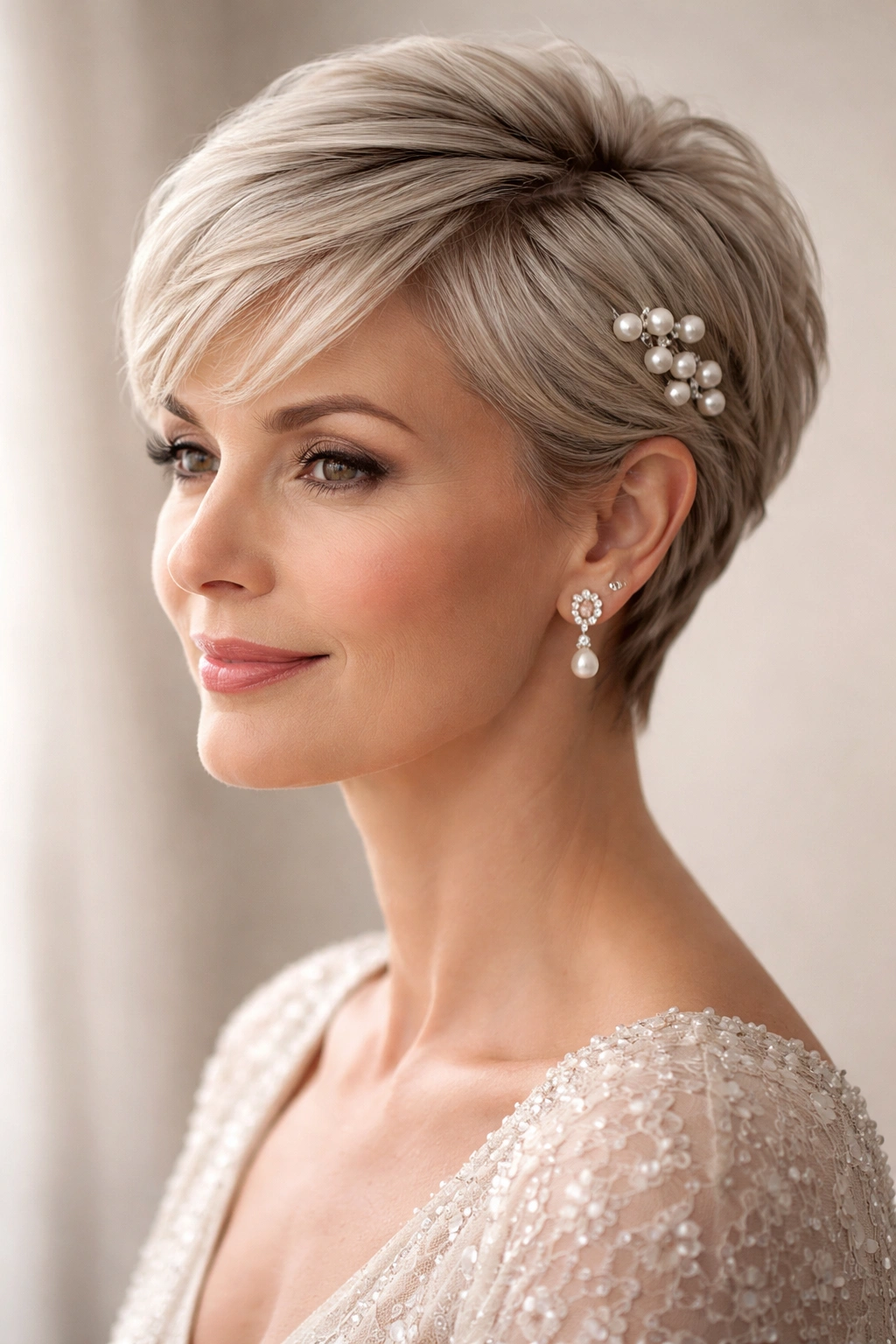 Close-up of pixie cut with pearl pins in a formal hairstyle