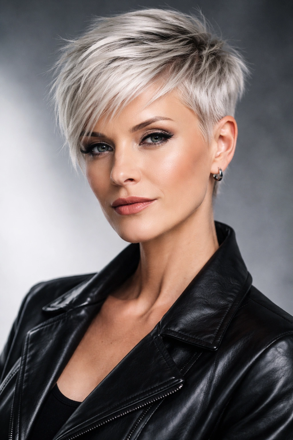 Close-up of an edgy platinum pixie on a mature woman; pale platinum blonde with sharp, precise lines.