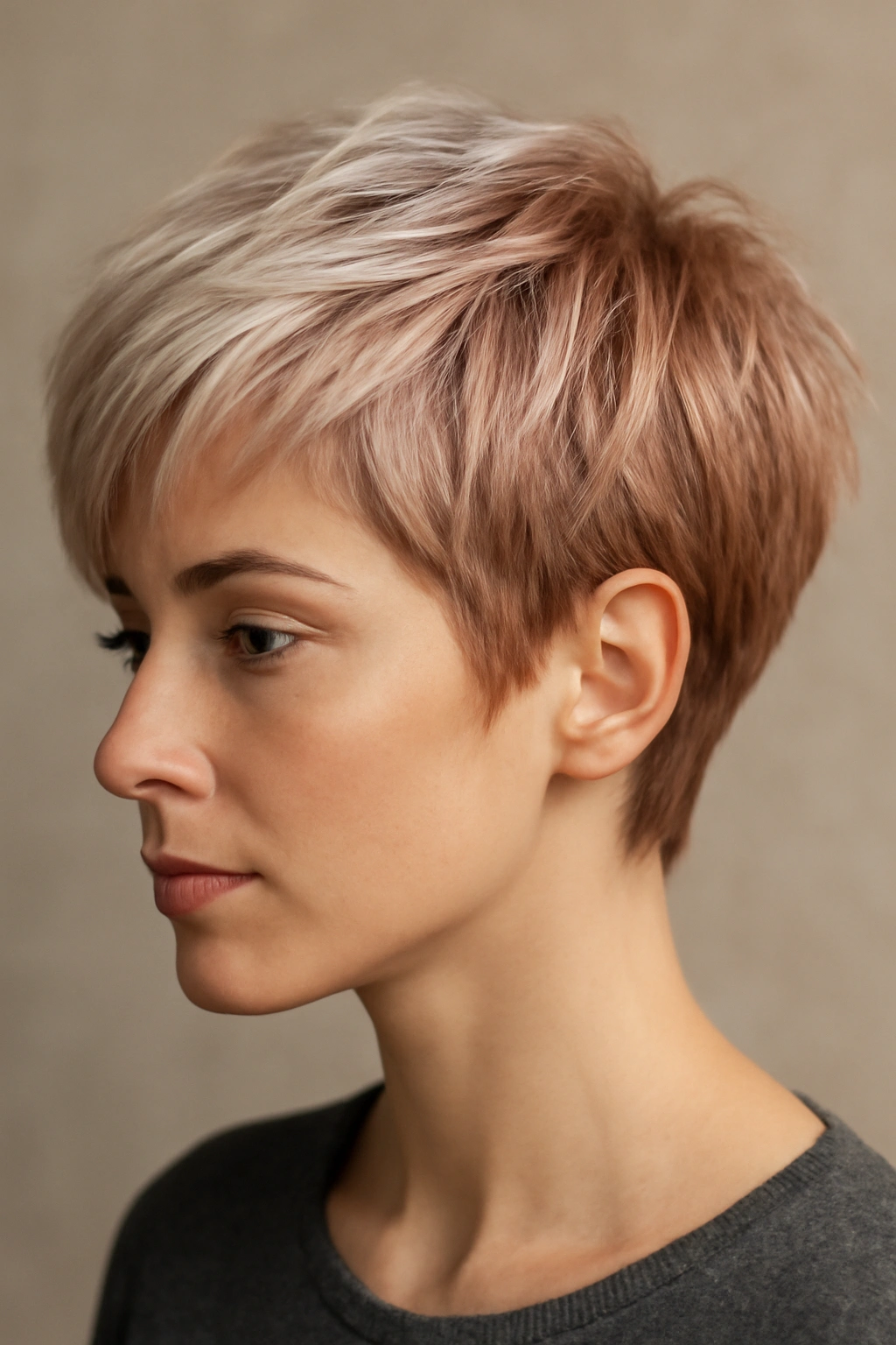 12 Short Haircuts With Highlights That Truly Stand Out 9 Layered pixie with platinum and rose gold contrasts