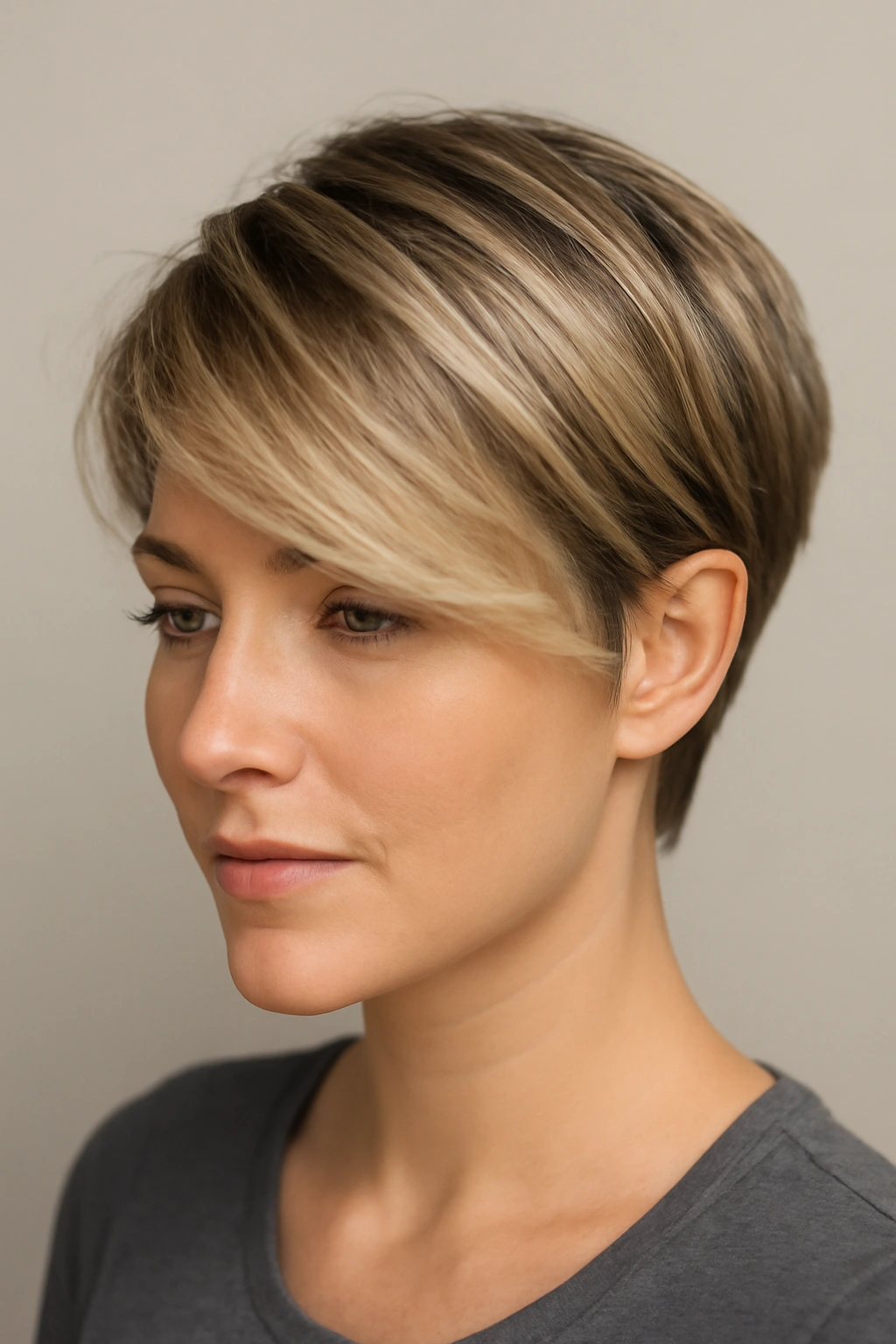 15 Short Haircut and Color Combos Worth Trying Together 14 Close-up of a side-swept pixie with rooted blonde and dark roots showing color transition