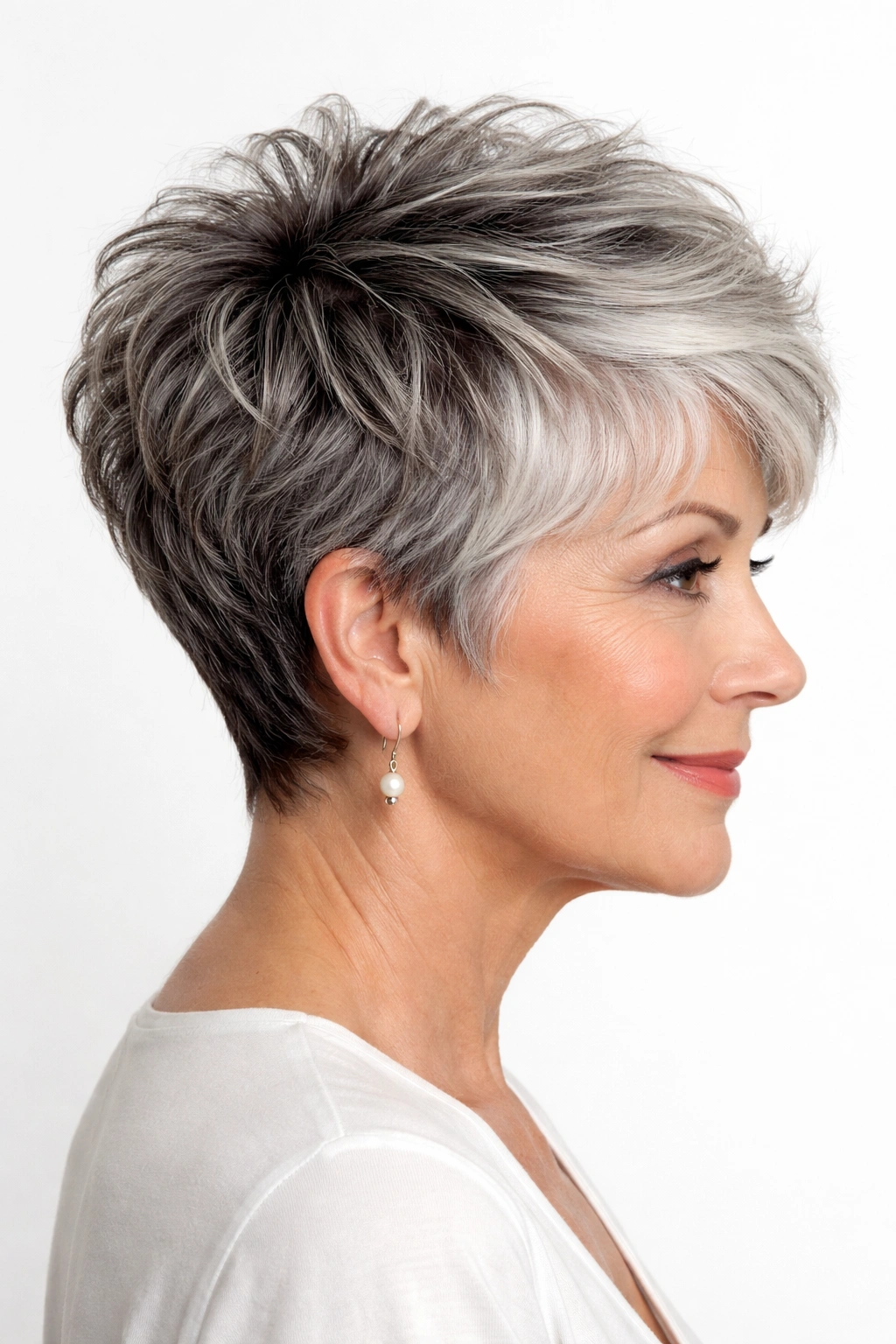 Side profile of textured pixie cut with salt-and-pepper blend