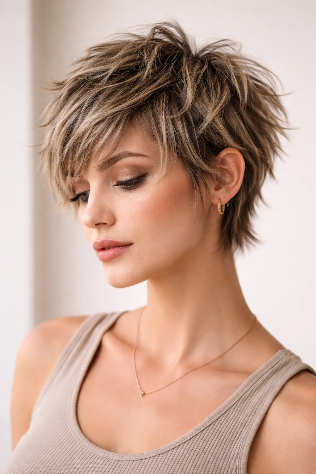 Close-up of Textured Pixie-Shag Blend showing feathered layers