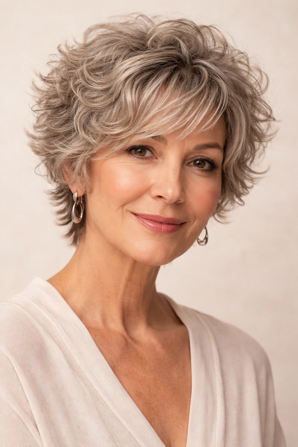 Mature woman with textured curly pixie-shag hybrid and longer front pieces