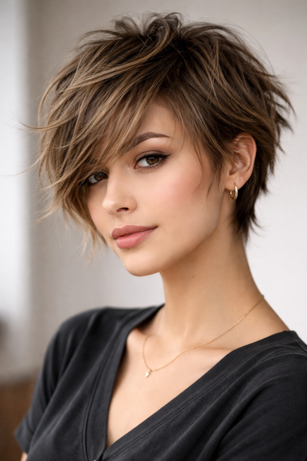 Tousled pixie-shag hybrid with delicate side bangs