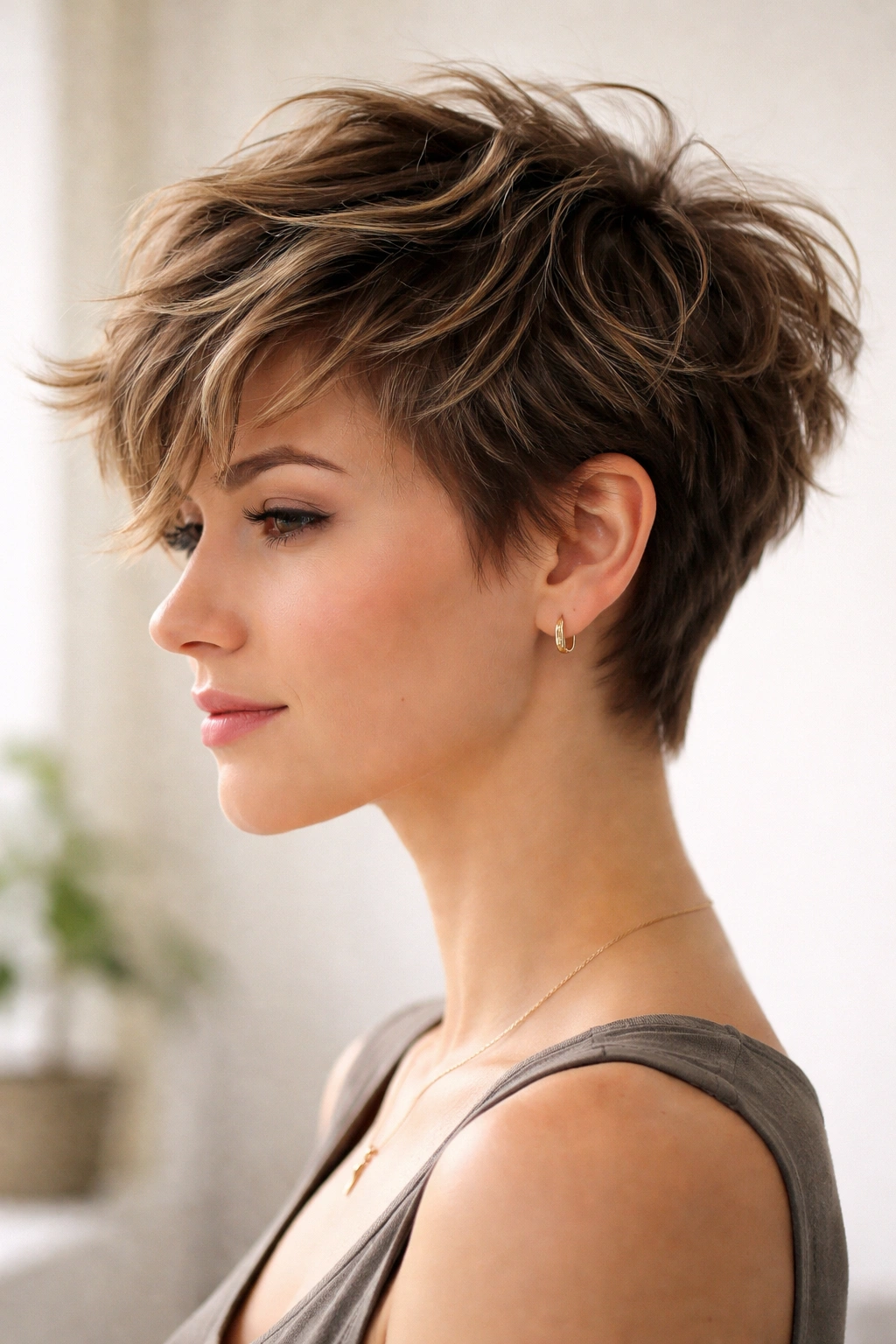 15 Wash And Wear Haircuts For Naturally Wavy Hair 3 Side profile of a model with a pixie shag hybrid hairstyle featuring a long textured top.