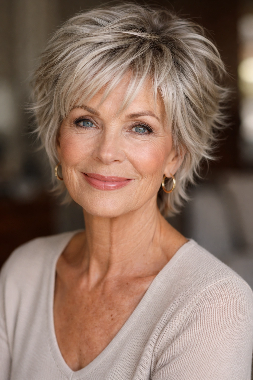 Textured pixie-shag hybrid with crown volume and layered sides.