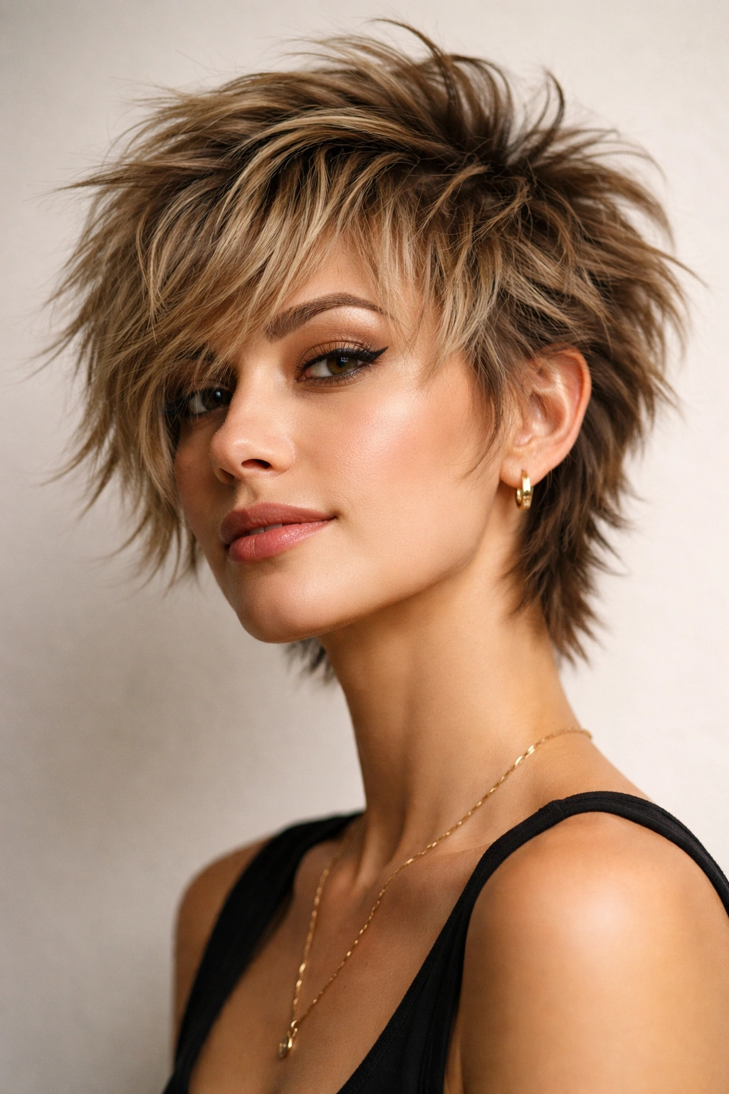18 Textured Shag Layered Cuts With Great Movement 9 Close-up portrait of a textured pixie shag hybrid with short crown and layered sides