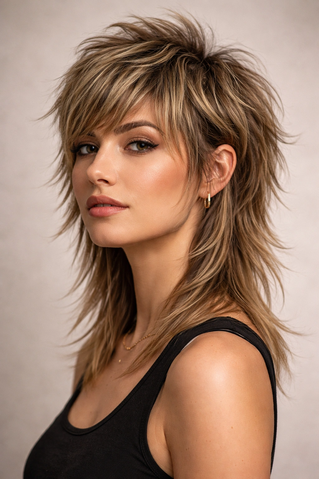 Model with a pixie-shag hybrid featuring a short crown and shoulder-length back