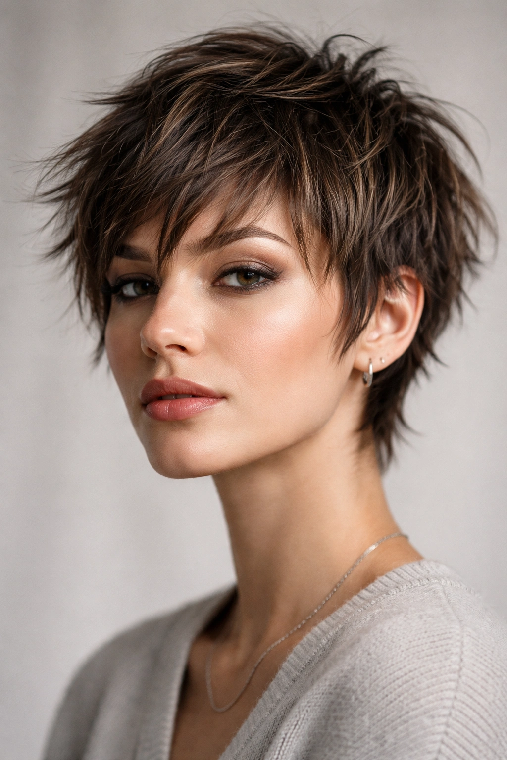 Close-up of a short choppy pixie shag with textured layers