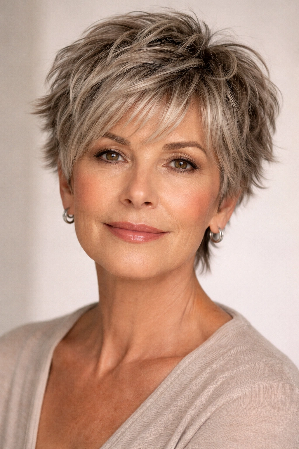 Close-up of textured pixie shag on mature woman showing short nape and crown layers