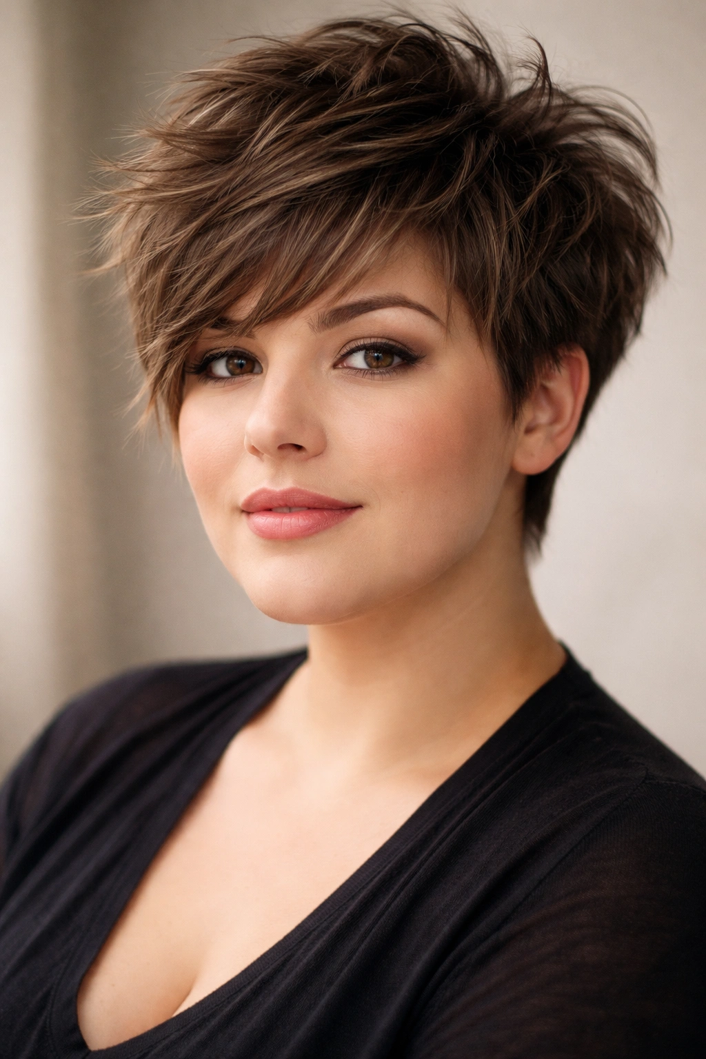10 Haircuts For A Round Face And Double Chin 5 Shaggy textured pixie cut with top volume and short sides