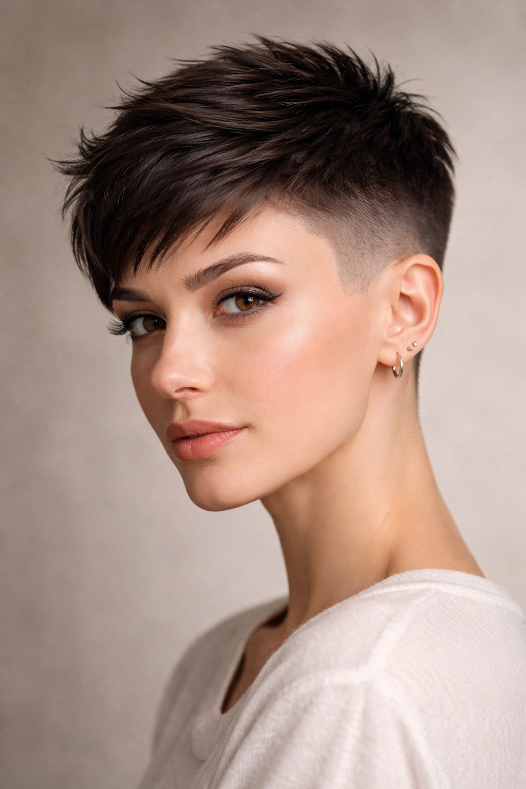 Pixie with shaved sides and textured crown in a head-and-shoulders portrait