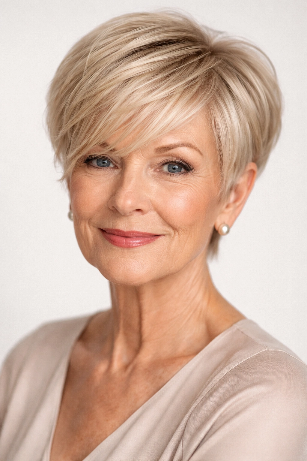 Blonde pixie with side-swept bangs and face-framing bangs