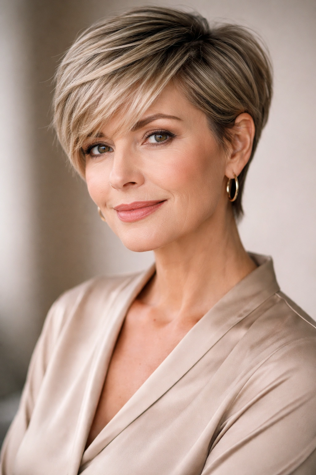 Mature woman with a pixie cut and side-swept bangs in a portrait.