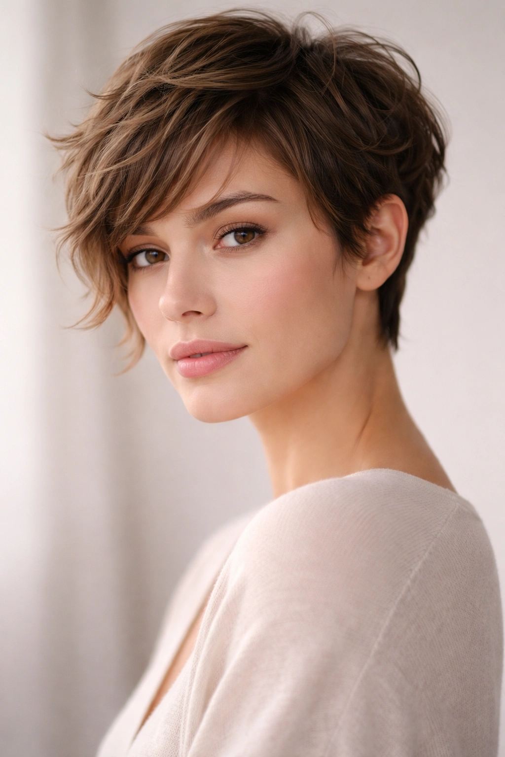 Close-up portrait of a model with a soft-framed pixie featuring longer side pieces and face-framing waves